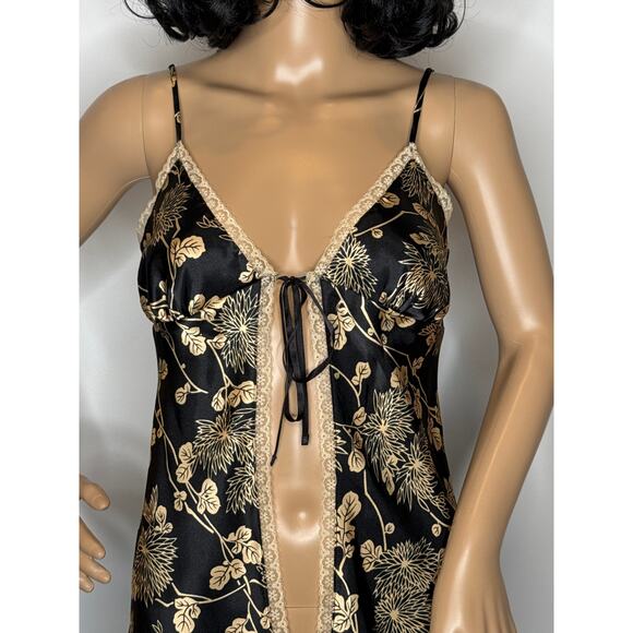 Victoria’s Secret Black Gold Floral Satin Open-Front lace trimTop Slip dress S - Picture 6 of 14